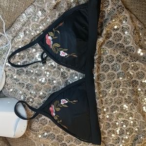 Beautiful bra from Stylish. Size Lrge. Black poly blend with embroidered flowers